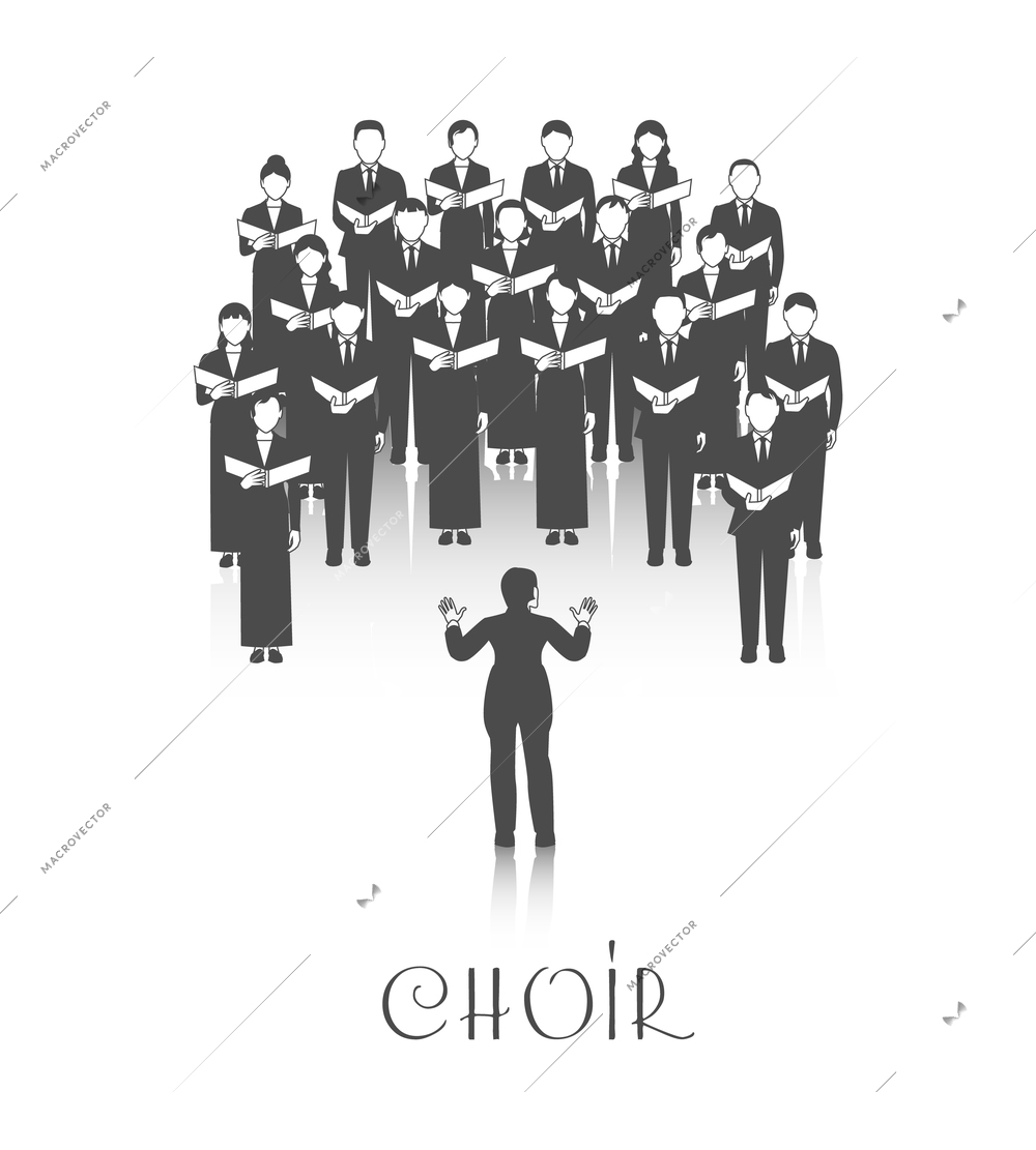 Classic choir performance with sheet music led by conductor dressed in black on white background vector illustration