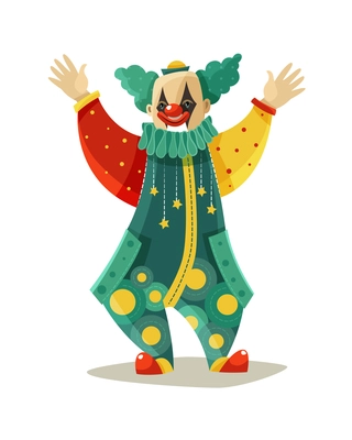 Traveling circus traditional clown figure in funny costume and makeup greeting public colorful icon vector illustration