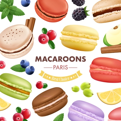 Macaroon composition with isolated almond cookies mint fruits and berries images of different colour with text vector illustration