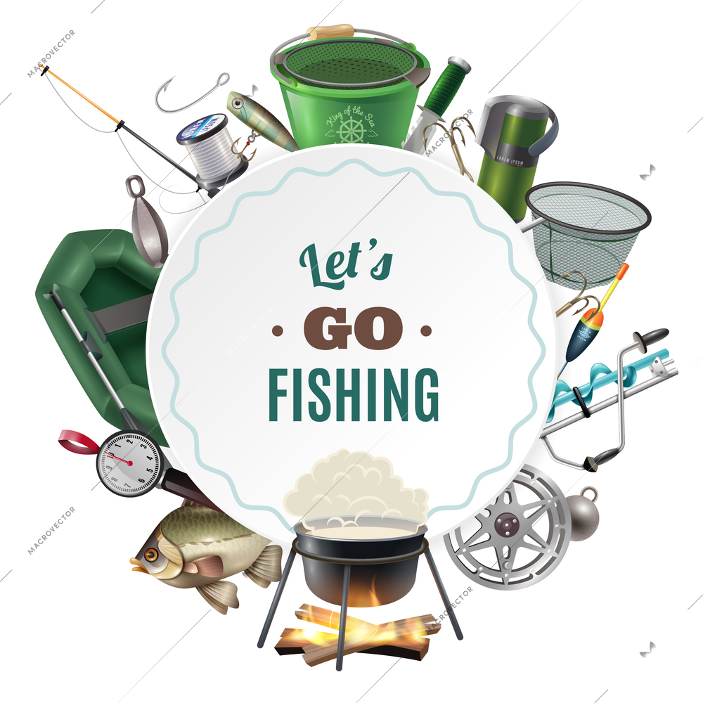 Freshwater fishing sport round frame composition of classic equipment accessories and freshly caught fish  decorative vector illustration