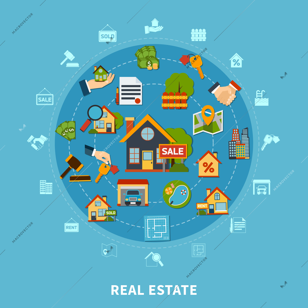 Real estate flat design concept with numerous colorful apartment search and rental icons on blue background vector illustration