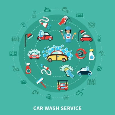 Round composition with cartoon decorative icons of washing car in soap flakes cleaning agents and equipment vector illustration