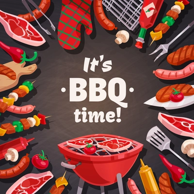 Barbecue grill composition with brazier meat and vegetable skewers pot holder and flatware images with text vector illustration