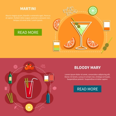 Cocktail horizontal banners with recipes of alcoholic beverages in flat style isolated vector illustration