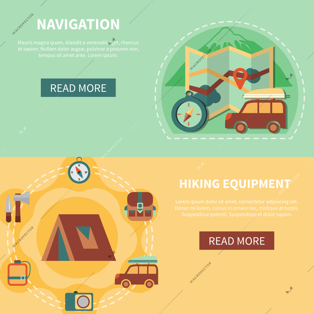 Camping banner set with navigation and hiking equipment elements flat isolated vector illustration