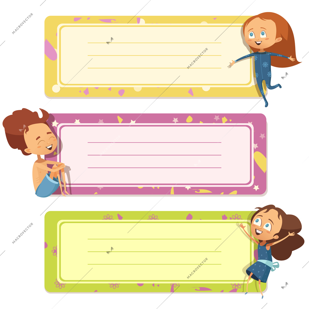 Three horizontal banners set for child notebook cover design with funny kids in cartoon style flat vector illustration