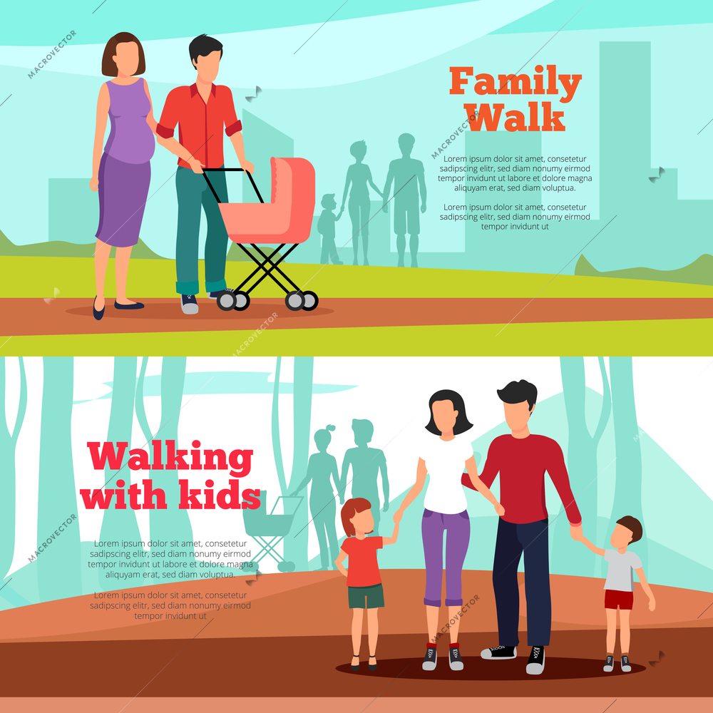 Family horizontal banners set with family walk symbols flat isolated vector illustration