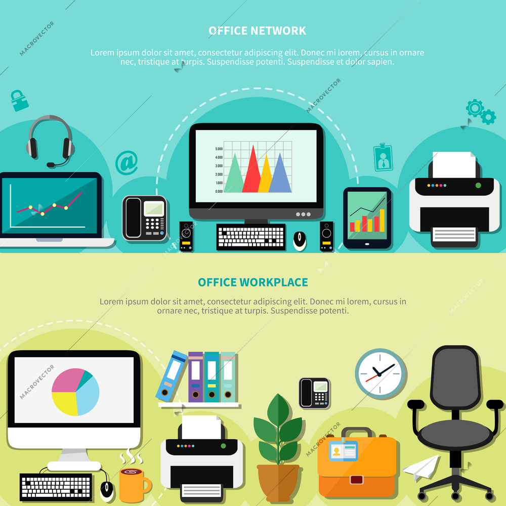 Office workplace for network horizontal banners with computers peripherals and elements of interior flat vector illustration