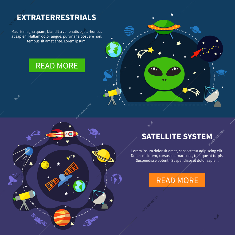 Satellite system horizontal banners set with extraterrestrial symbols flat isolated vector illustration