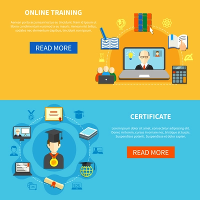 Two isolated horizontal online training banner set with online certificate description and read more button vector illustration