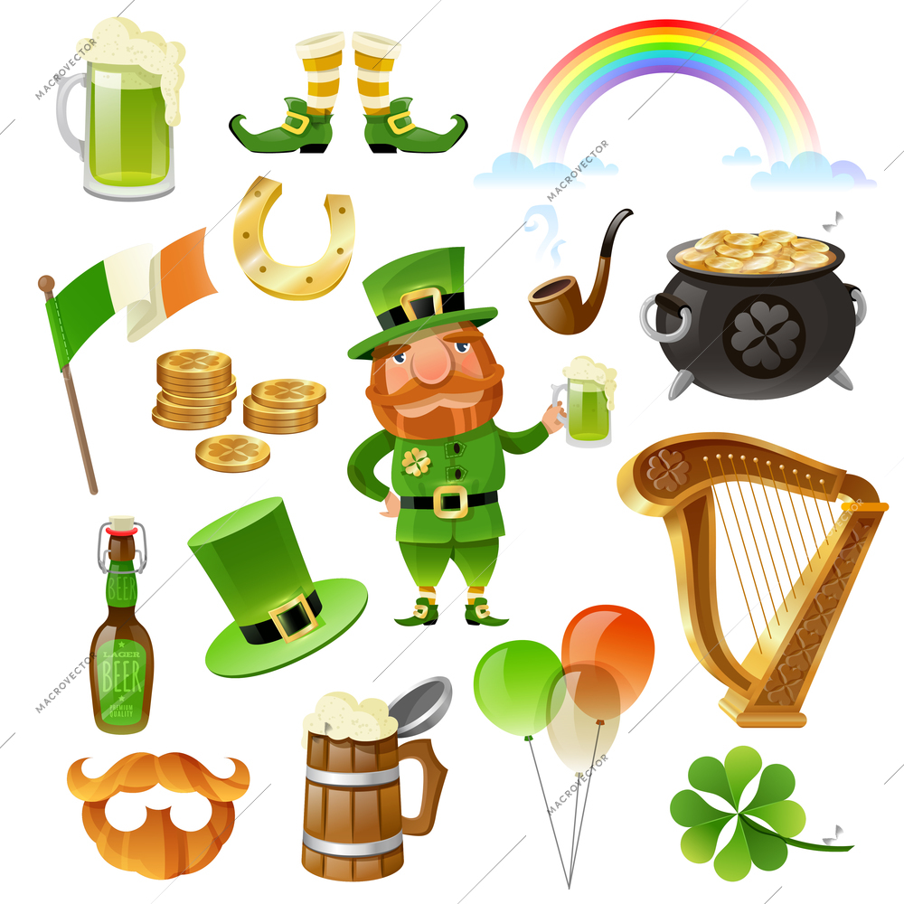 Saint Patrick Day elements set with leprechaun coins horseshoe beer harp shoes hat clover isolated vector illustration