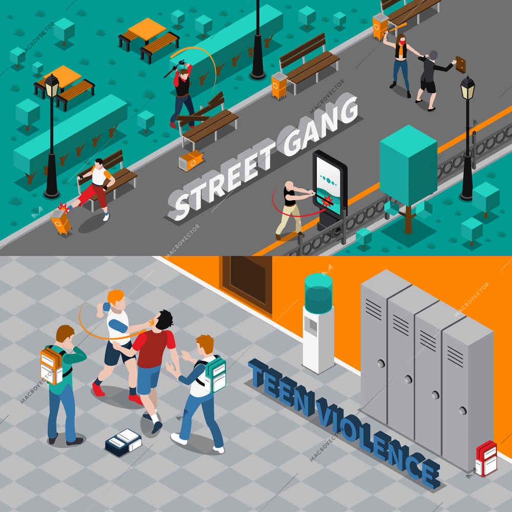 Hooliganism isometric horizontal banners with street gang attacking people destroying property and teen violence isolated vector illustration