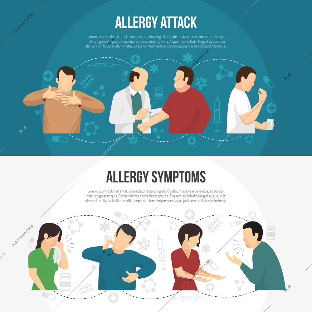 Two horizontal colored allergy banner set with allergy attack and allergy symptoms descriptions vector illustration