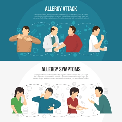 Two horizontal colored allergy banner set with allergy attack and allergy symptoms descriptions vector illustration