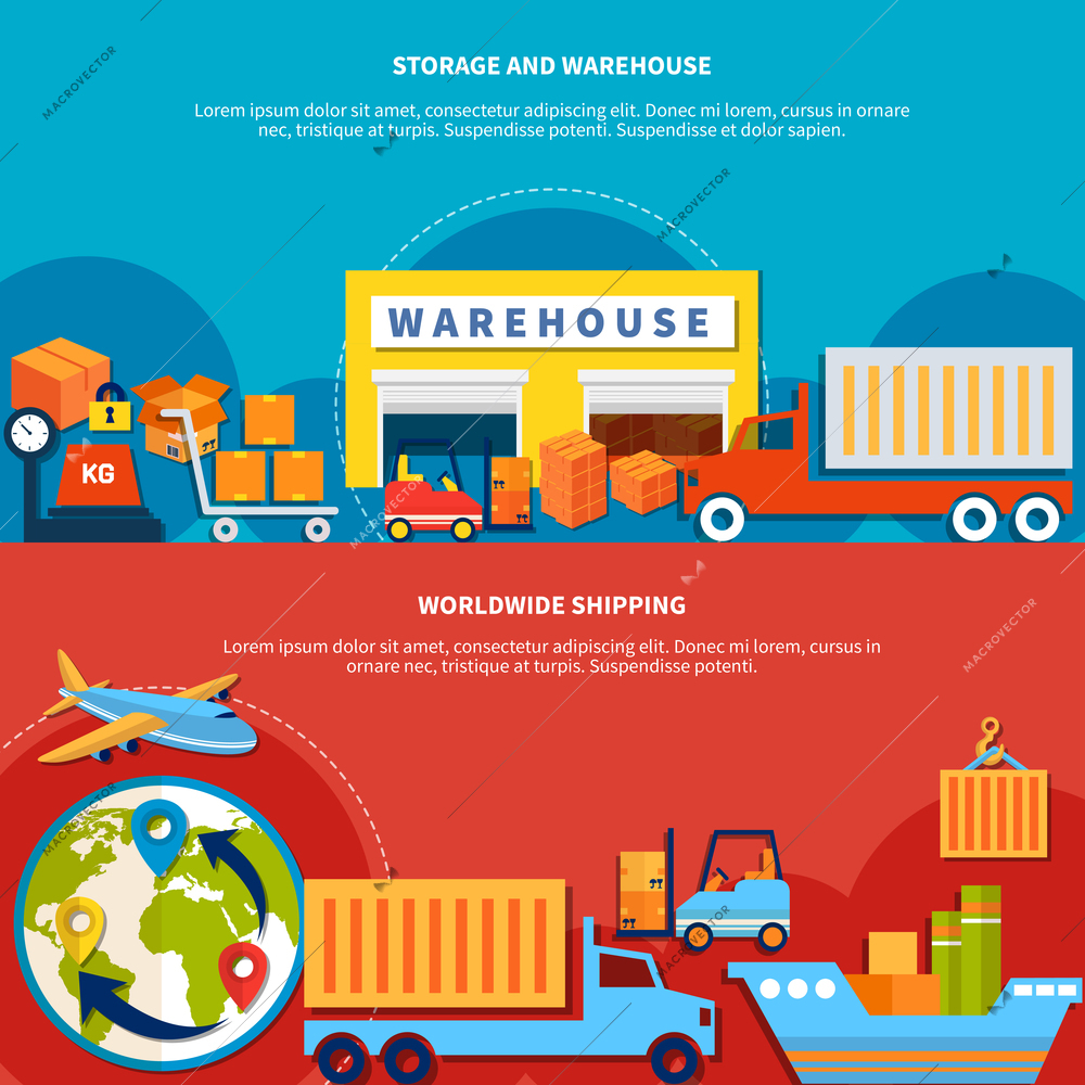 Two logistic banner set with worldwide shipping and storage and warehouse isolated and with text vector illustration