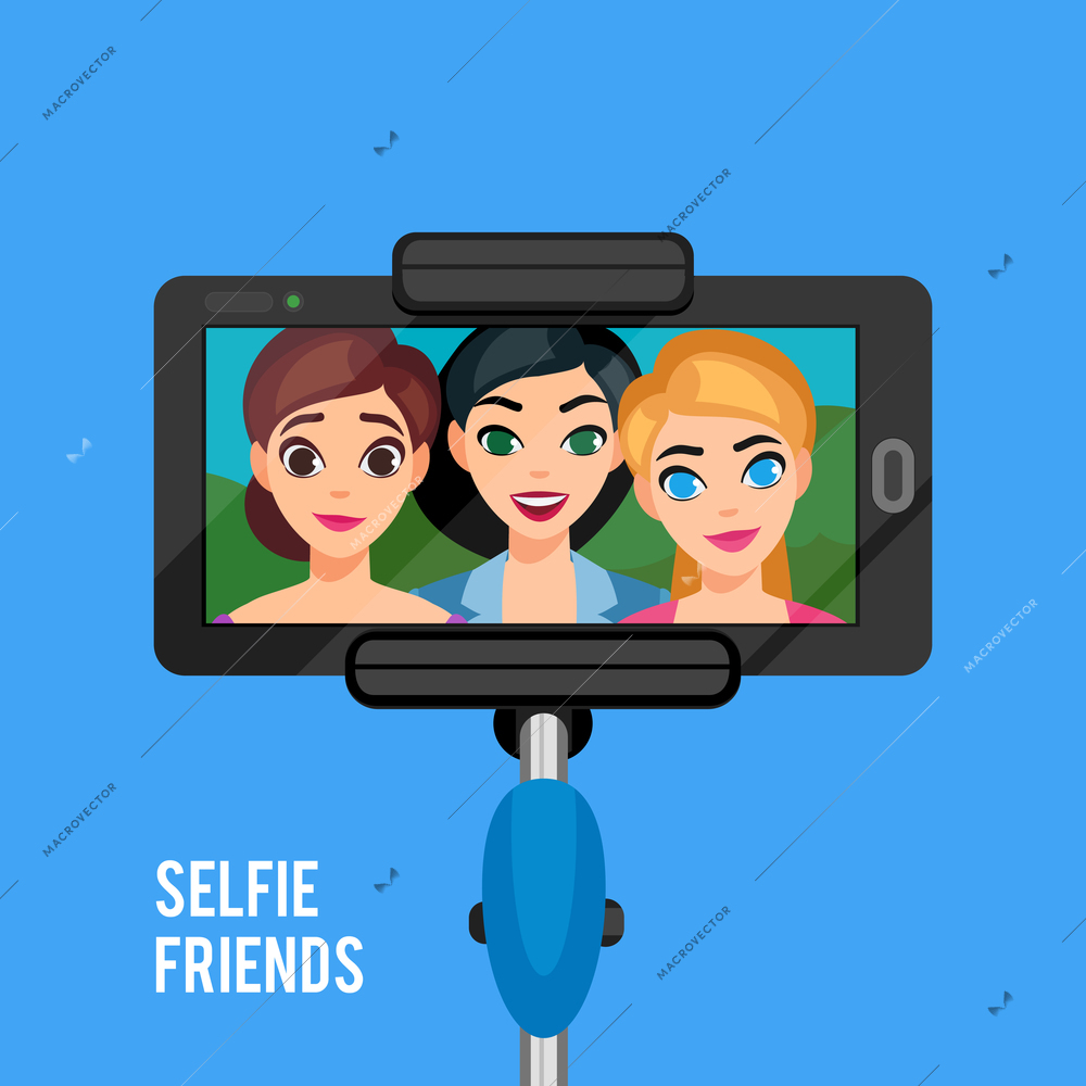 Selfie photo template with young girls stick holding phone on blue background isolated vector illustration