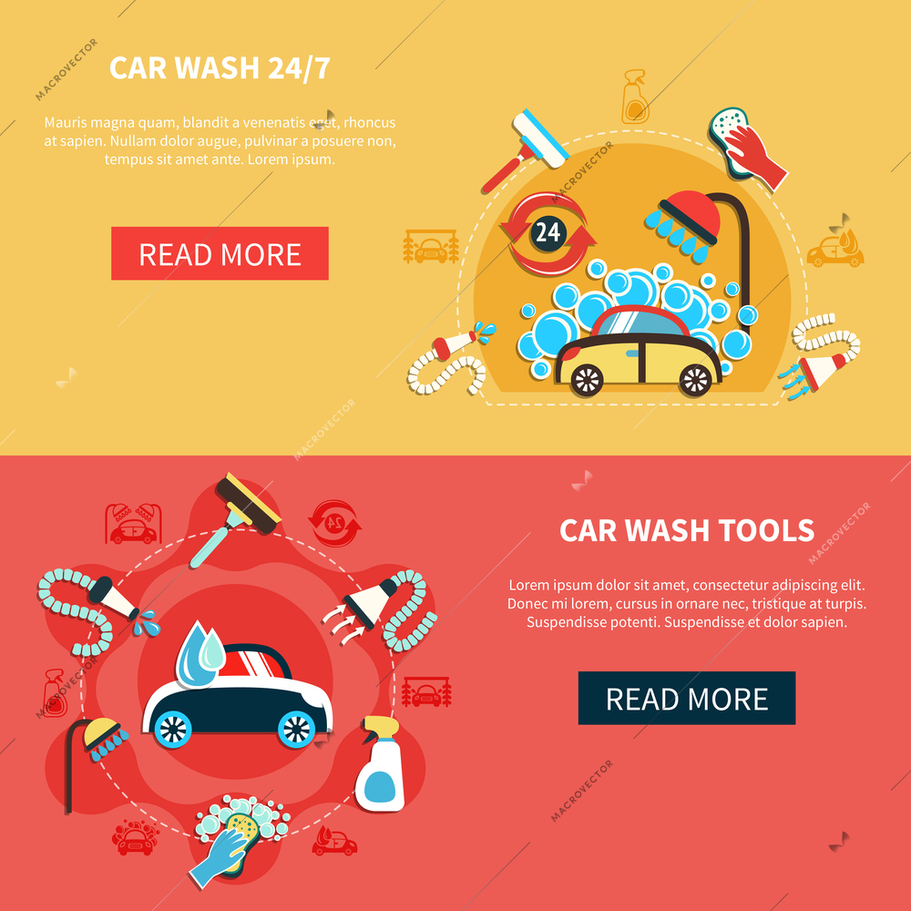 Set of two horizontal car wash 24/7 banners with doodle compositions and read more button vector illustration