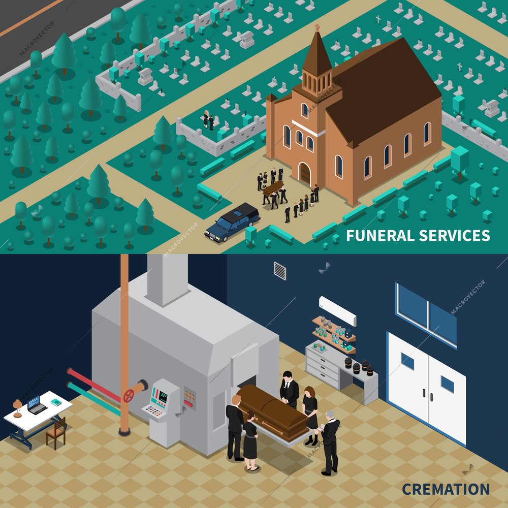 Funeral services isometric horizontal banners with people carrying coffin from church and cremation isolated vector illustration