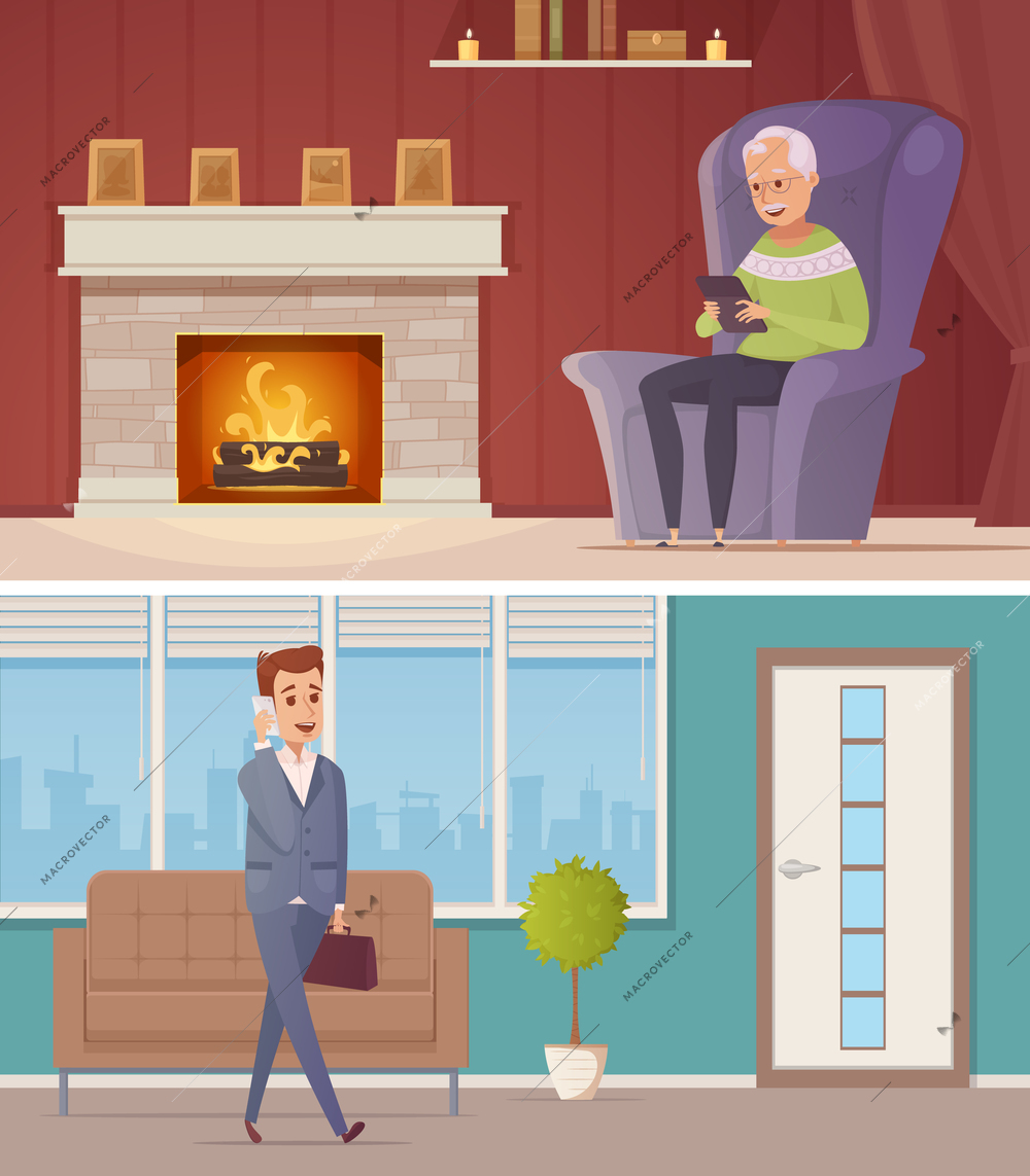 Two horizontal banners with old man in home interior looking in tablet and young man talking on mobile in office flat isolated vector illustration