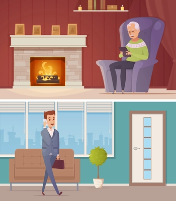 Two horizontal banners with old man in home interior looking in tablet and young man talking on mobile in office flat isolated vector illustration