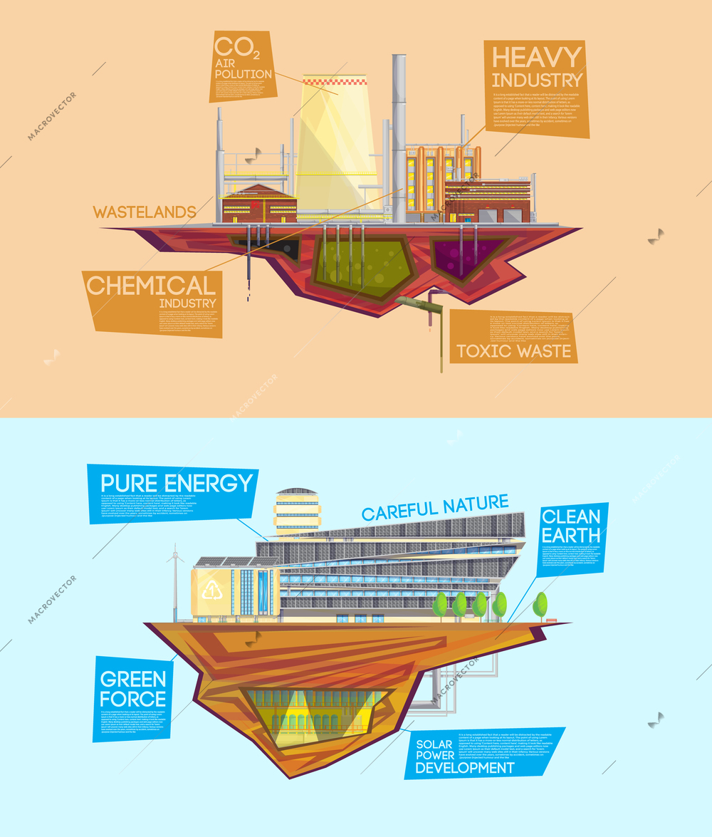 Eco friendly industry waste to energy system versus dangerous toxic pollution release 2 flat  banners isolated vector illustration