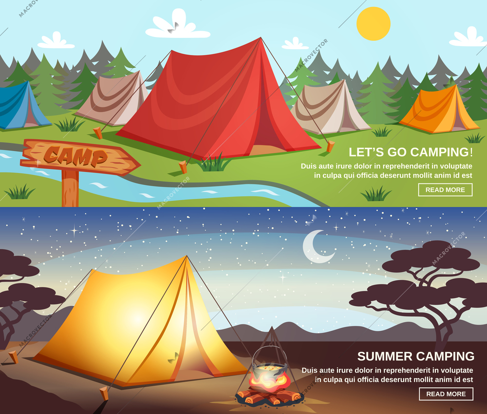 Camping day and night horizontal banners with tourist equipment signpost on natural landscape background isolated vector illustration