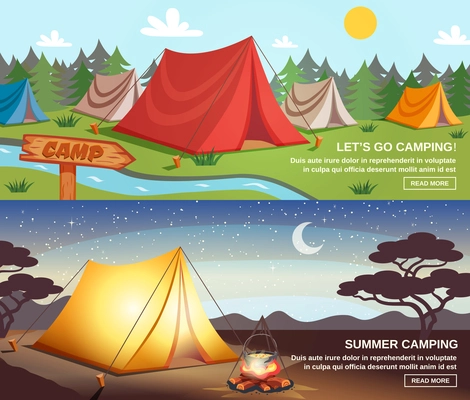 Camping day and night horizontal banners with tourist equipment signpost on natural landscape background isolated vector illustration