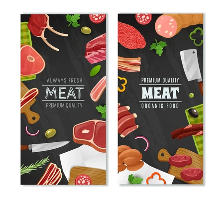 Meat market vertical cartoon banners set with food symbols isolated vector illustration