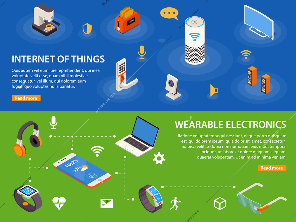 Wearable electronic devices and internet of things  iot 2 isometric infographic banners webpage design isolated vector illustration