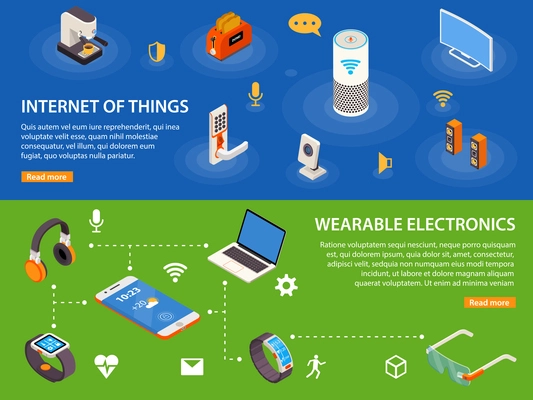 Wearable electronic devices and internet of things  iot 2 isometric infographic banners webpage design isolated vector illustration