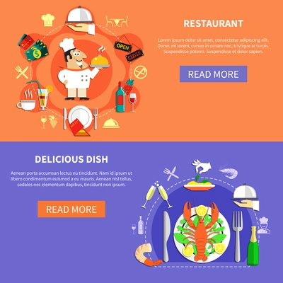 Two horizontal restaurant banners set with round compositions of dish symbols with text read more button vector illustration