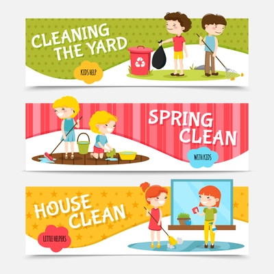 Colorful horizontal banners set with kids cleaning house and yard cartoon isolated vector illustration