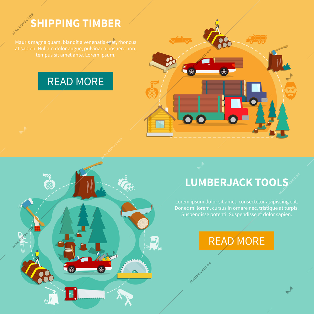 Two horizontal lumberjack banner set with shipping timber and lumberjack tools descriptions and buttons read more vector illustration