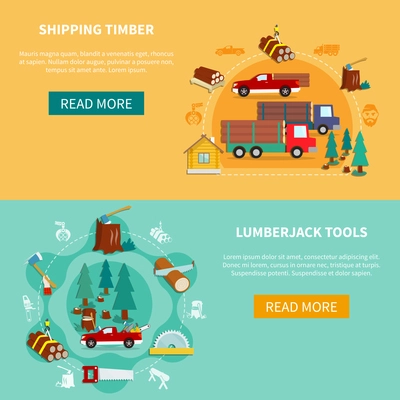 Two horizontal lumberjack banner set with shipping timber and lumberjack tools descriptions and buttons read more vector illustration