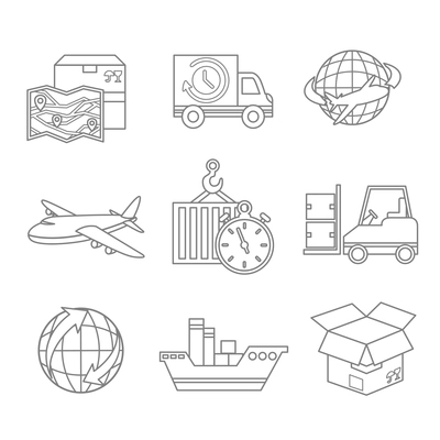 Logistic outline icons set of map 24h delivery and worldwide service symbol isolated vector illustration