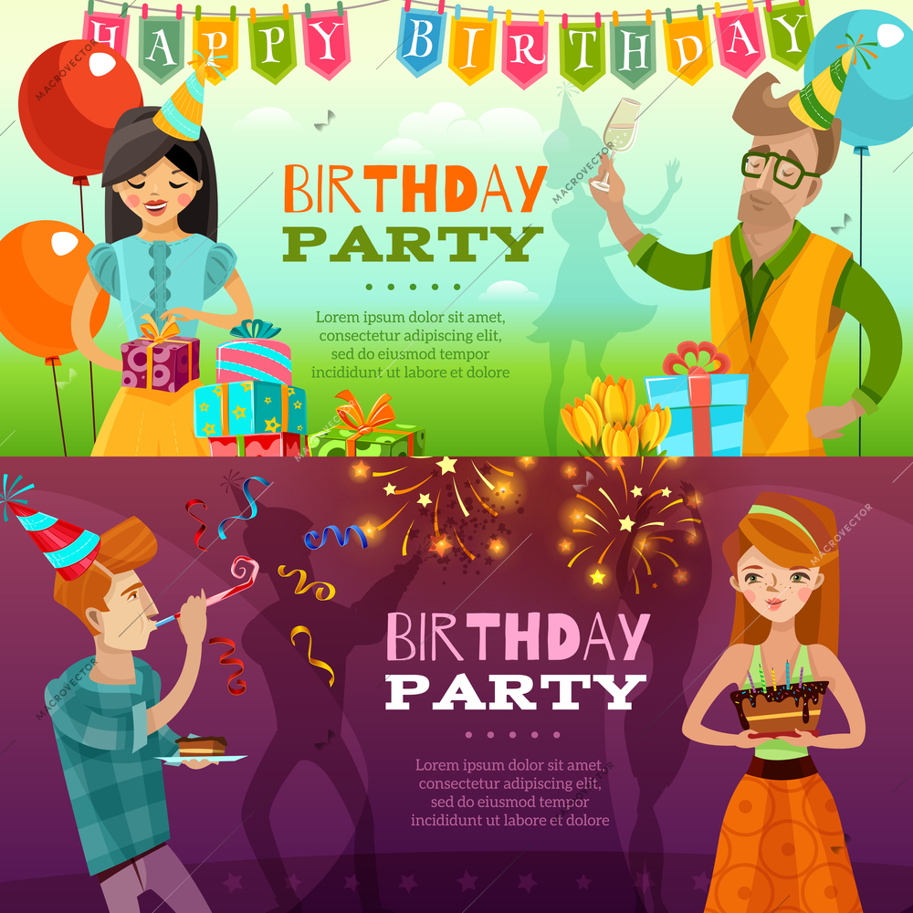 Birthday party celebration 2 festive horizontal banners set with presents sparklers ballons and cake isolated vector illustration