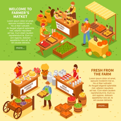 Market horizontal banners set with sale fresh farm products isometric compositions text and read more button vector illustration