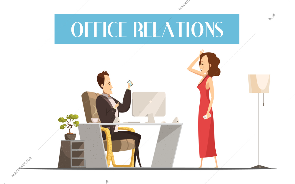 Office relations cartoon style design with attractive woman in red dress in room of boss vector illustration