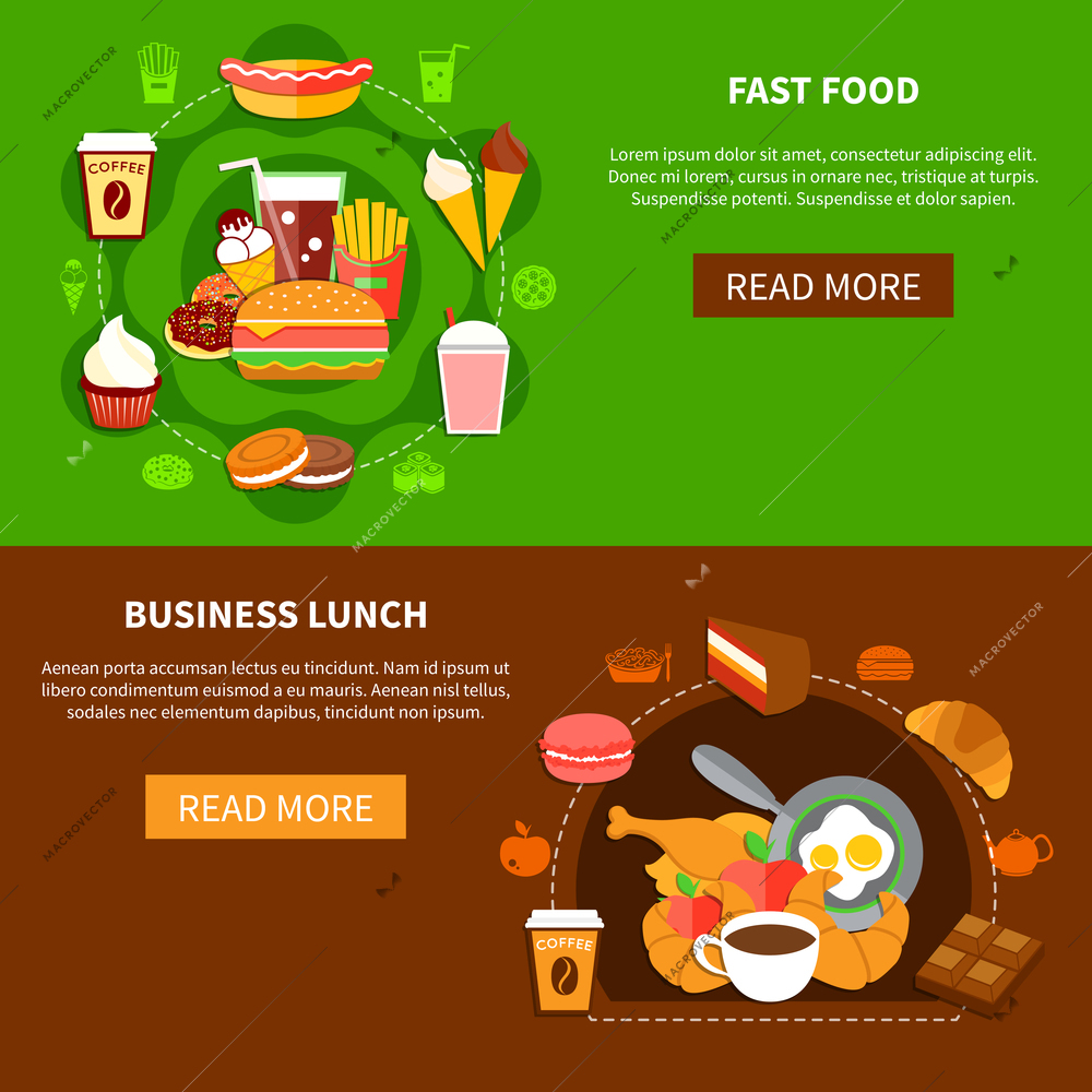 Fast food online menu options 2 flat banners webpage design with business lunch and family meal vector illustration