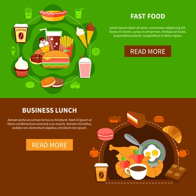 Fast food online menu options 2 flat banners webpage design with business lunch and family meal vector illustration