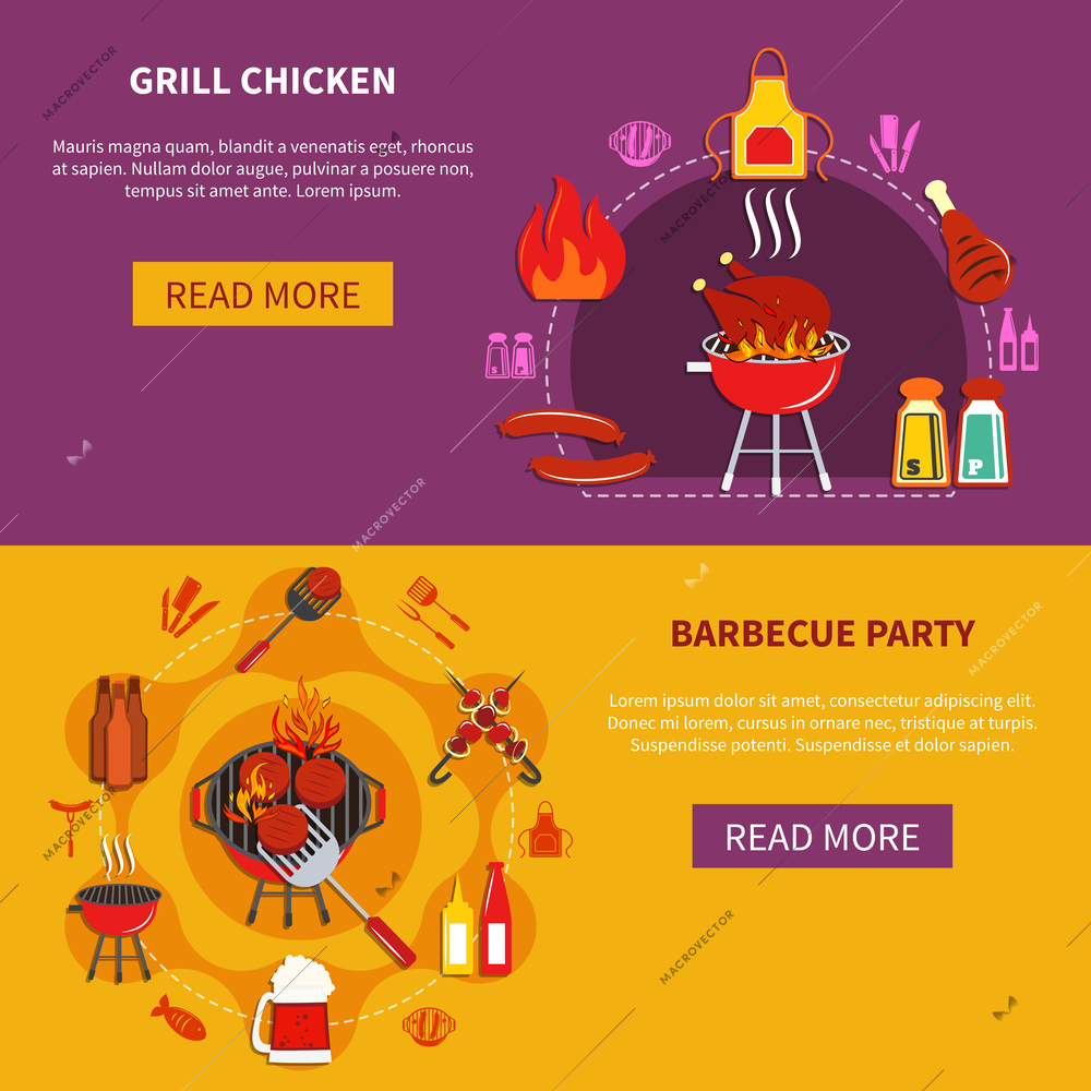 Grill chiken and barbecue party set with variety meal and beverage vector illustration