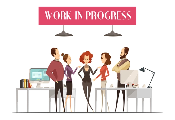 Work in progress design in cartoon style with group of men and women in office vector illustration