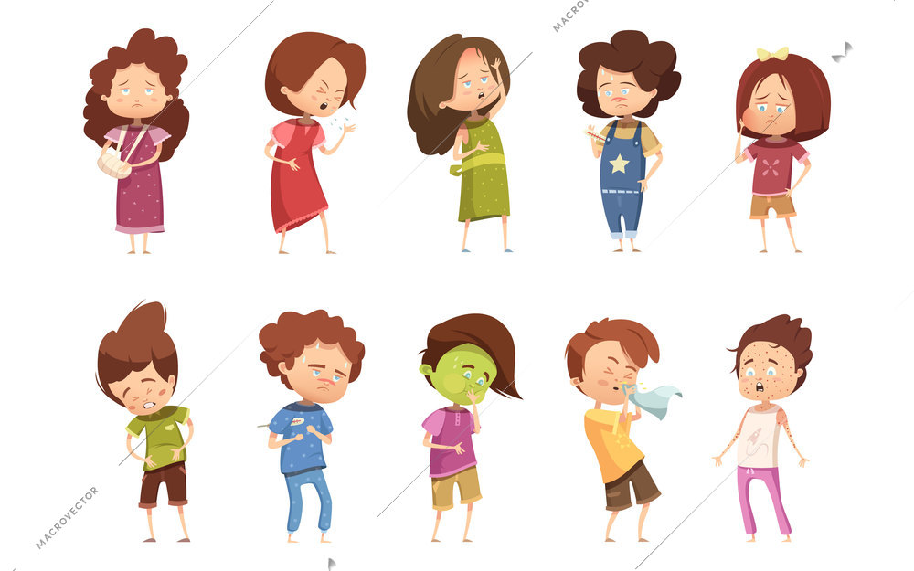 Colored sickness child retro cartoon icon set with girls and boys different degree of disease vector illustration