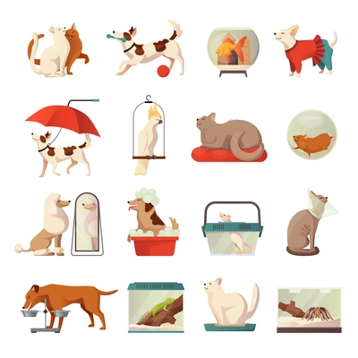 Pet shop icons set with cats and dogs flat isolated vector illustration