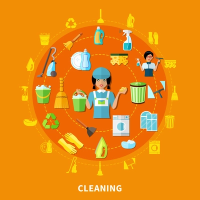 Composition with isolated decorative icons of cleaning tools equipment and housegirl character inscribed in circle shape vector illustration