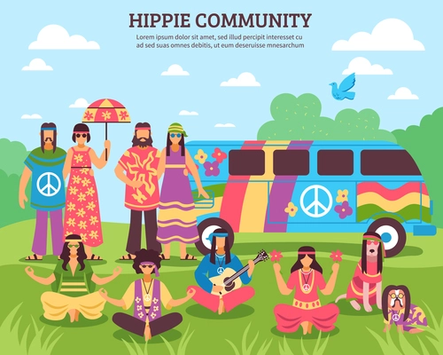 Hippie composition with flat freak characters of flower children faceless characters and rainbow colored minivan house vector illustration