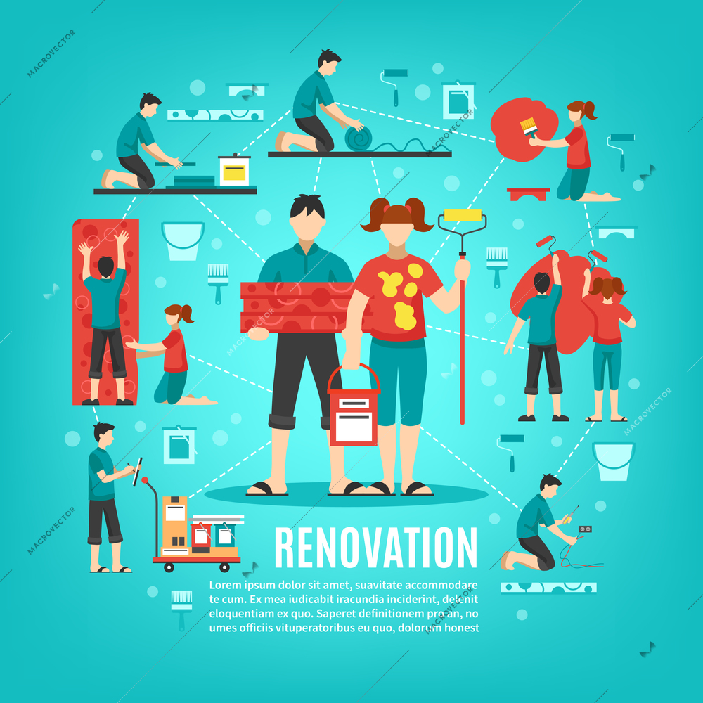 Renovation crew square conceptual background with boy and girl faceless characters cleaning apartment with editable text vector illustration