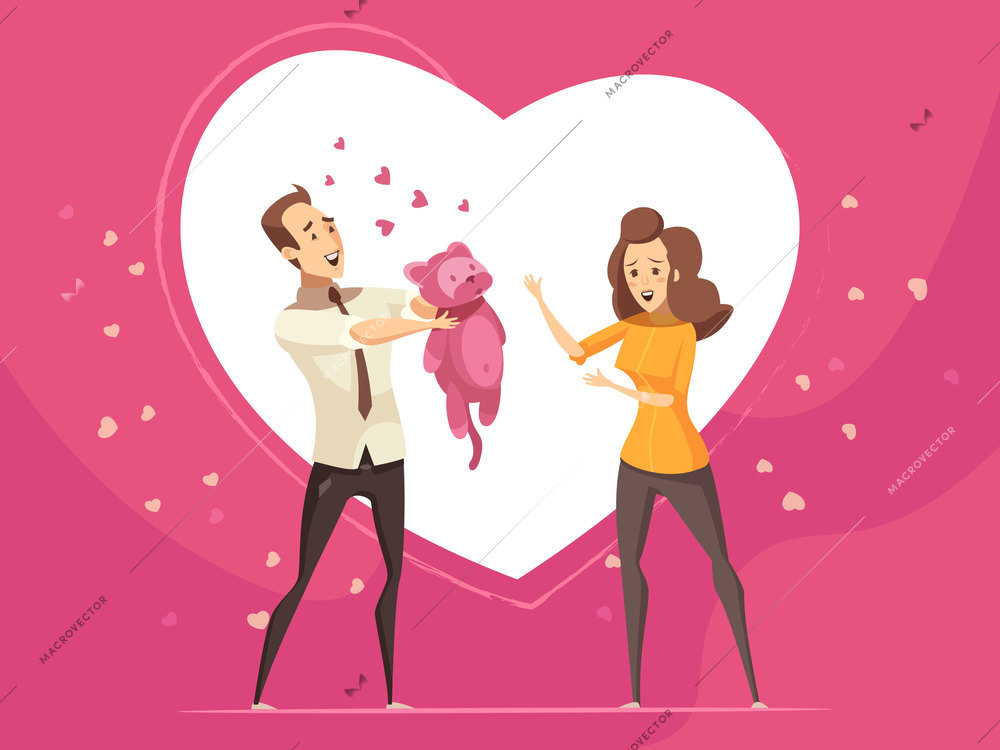 Romantic gifts for loving couples valentine day cartoon card with pink background and big heart symbol vector illustration