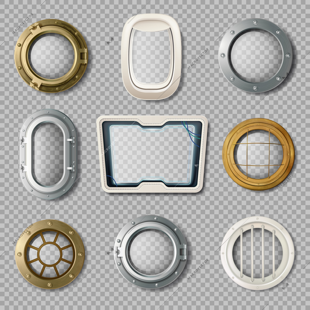 Realistic set of metal and plastic portholes of various shape on transparent background isolated vector illustration