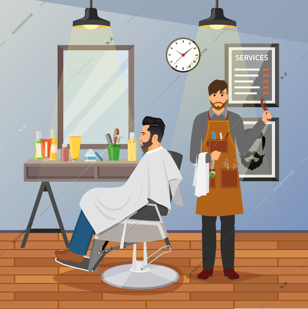Barber shop flat design with hairdresser with working tools and client in chair near mirror vector illustration